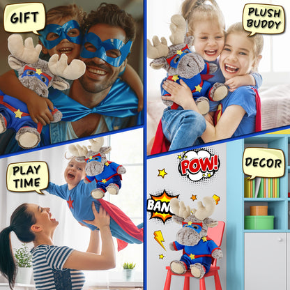 SUPER-SOFT PLUSH - SITTING MOOSE WITH SUPER HERO DRESS UP