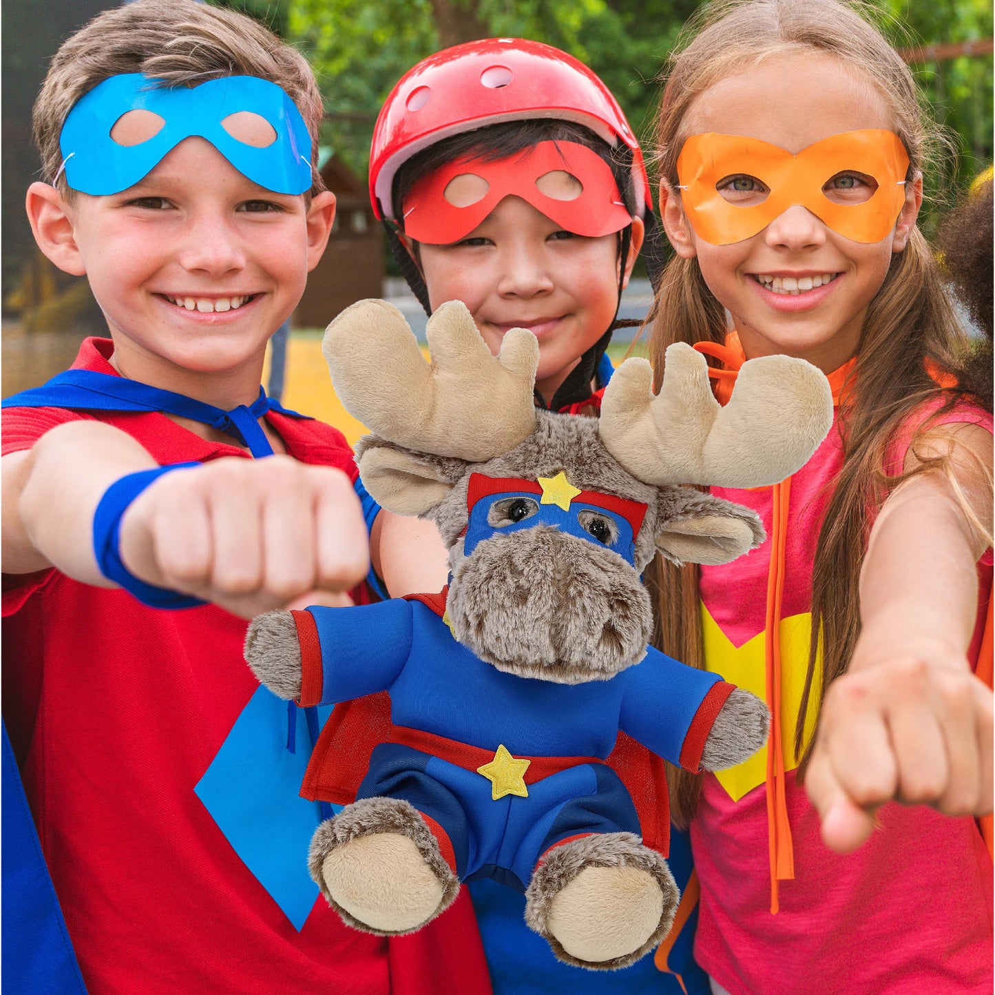 SUPER-SOFT PLUSH - SITTING MOOSE WITH SUPER HERO DRESS UP