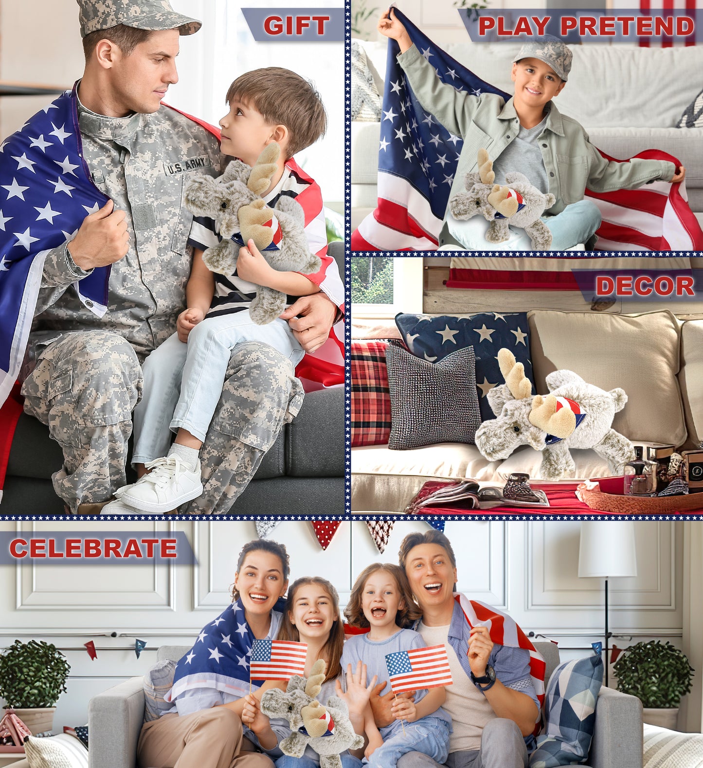 SUPER-SOFT PLUSH - LYING MOOSE WITH USA FLAG BANDANA