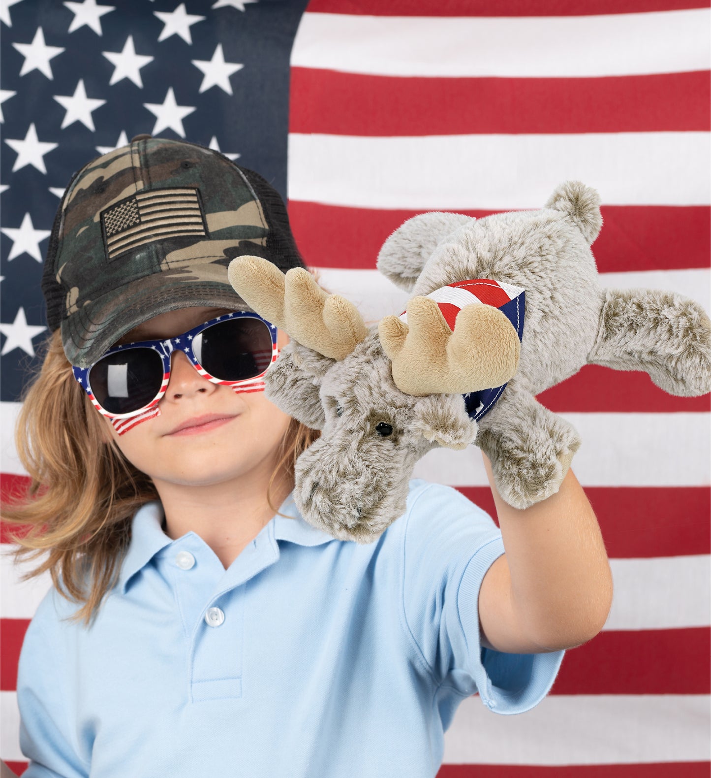 SUPER-SOFT PLUSH - LYING MOOSE WITH USA FLAG BANDANA