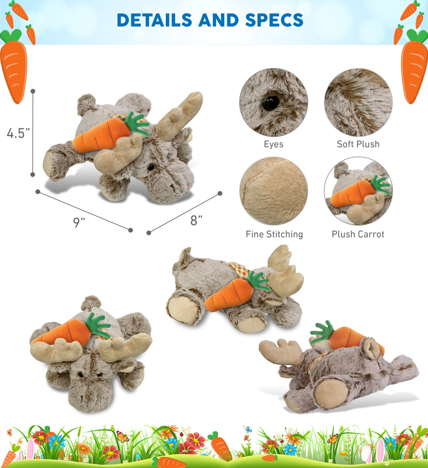 DolliBu Happy Easter Super Soft Plush Lying Moose with Carrot Plush - 9.5 Inch