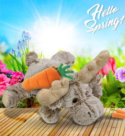 DolliBu Happy Easter Super Soft Plush Lying Moose with Carrot Plush - 9.5 Inch