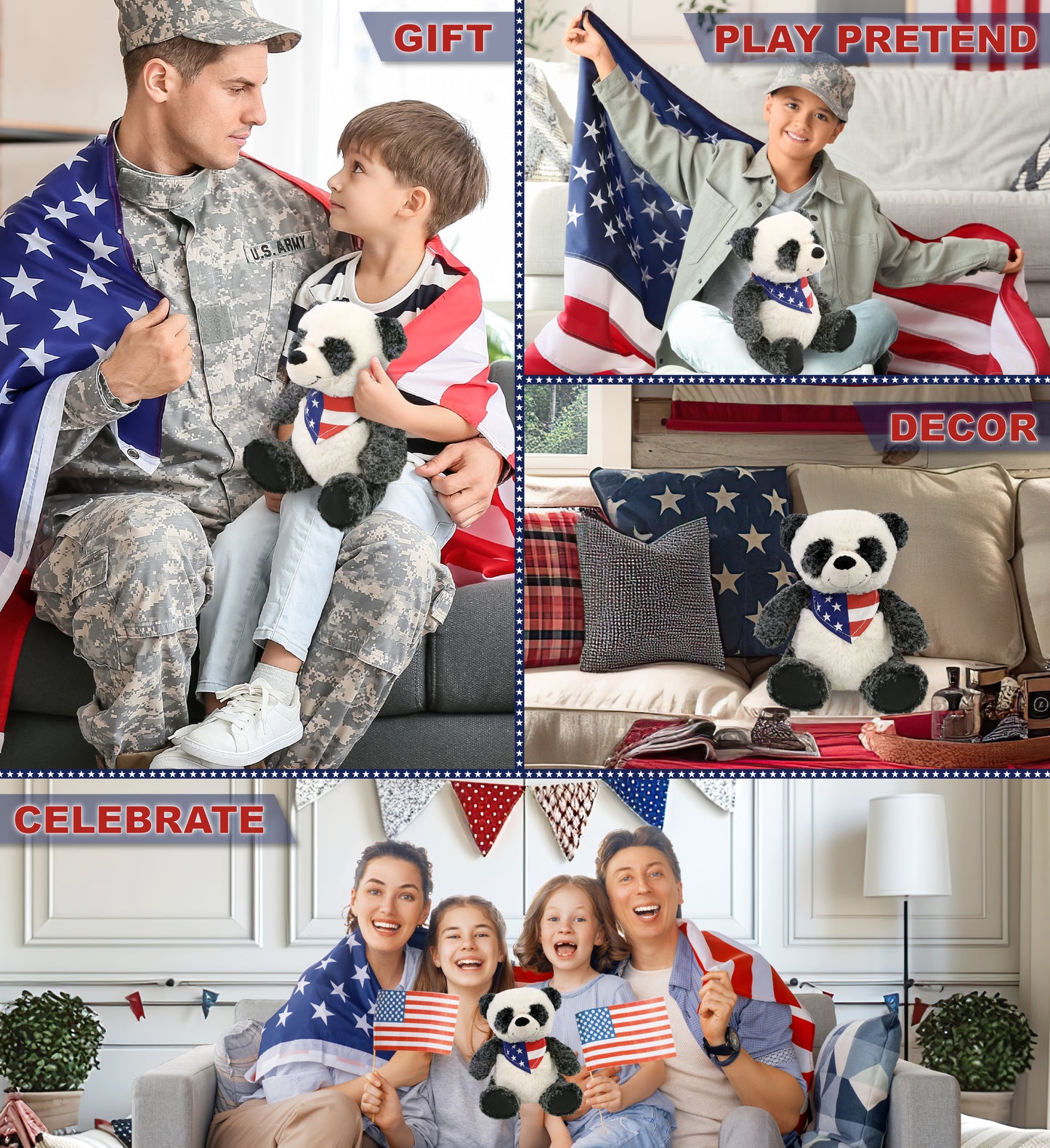SUPER-SOFT PLUSH - SITTING PANDA WITH USA FLAG BANDANA