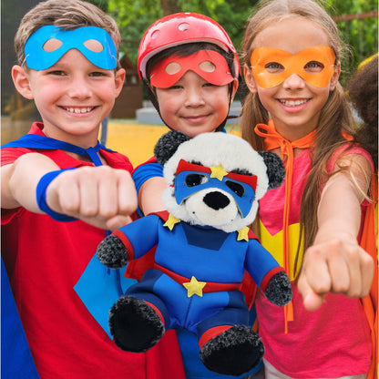 SUPER-SOFT PLUSH - SITTING PANDA WITH SUPER HERO DRESS UP
