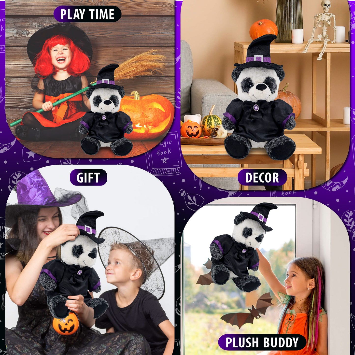 SUPER-SOFT PLUSH - SITTING PANDA WITH WITCH DRESS UP