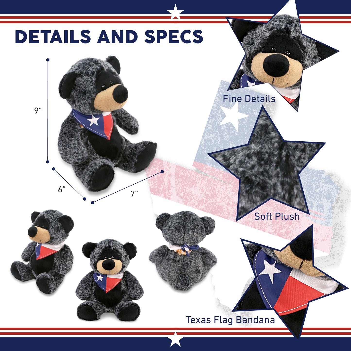SUPER-SOFT PLUSH - SITTING BLACK BEAR WITH TEXAS FLAG BANDANA