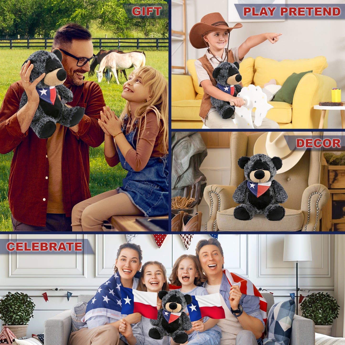 SUPER-SOFT PLUSH - SITTING BLACK BEAR WITH TEXAS FLAG BANDANA