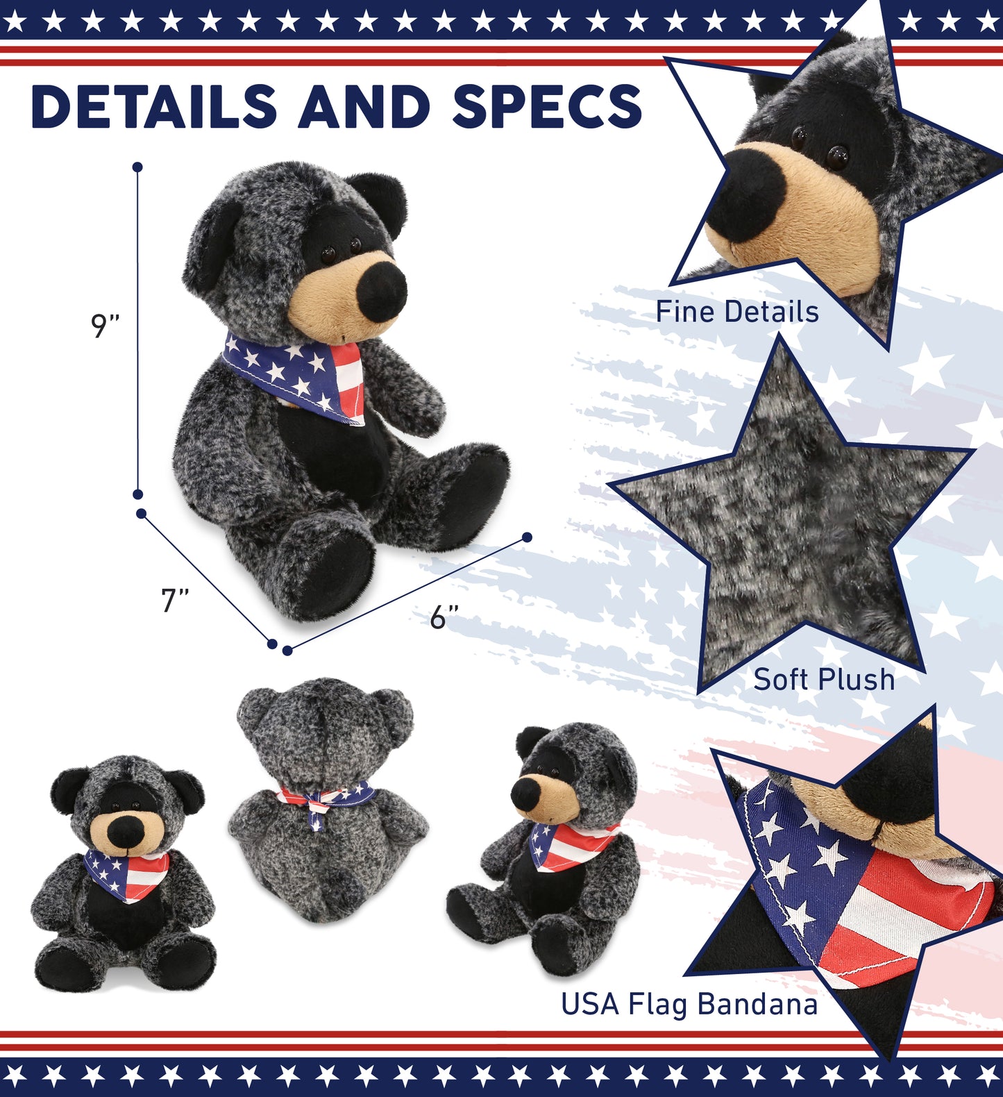 SUPER-SOFT PLUSH - SITTING BLACK BEAR WITH USA FLAG BANDANA