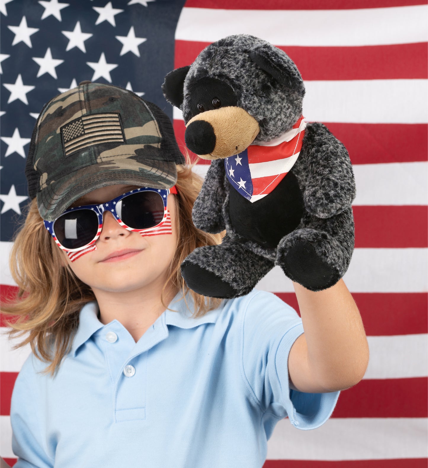 SUPER-SOFT PLUSH - SITTING BLACK BEAR WITH USA FLAG BANDANA