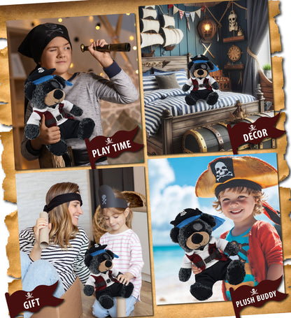 SUPER-SOFT PLUSH - SITTING BLACK BEAR WITH PIRATE DRESS UP