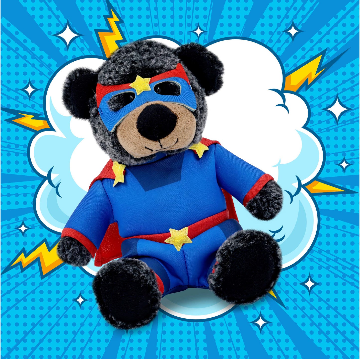 SUPER-SOFT PLUSH - SITTING BLACK BEAR WITH SUPER HERO DRESS UP