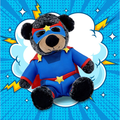 SUPER-SOFT PLUSH - SITTING BLACK BEAR WITH SUPER HERO DRESS UP