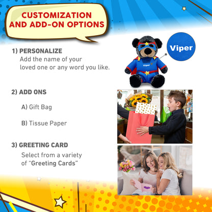 SUPER-SOFT PLUSH - SITTING BLACK BEAR WITH SUPER HERO DRESS UP