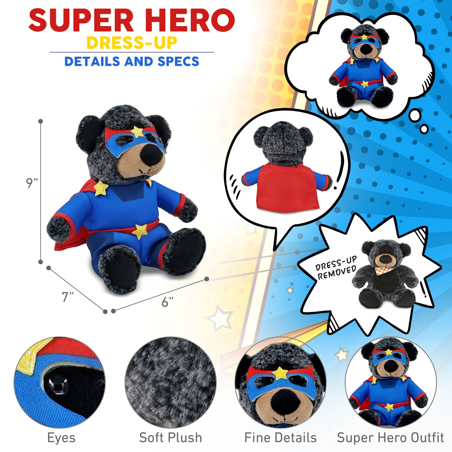 SUPER-SOFT PLUSH - SITTING BLACK BEAR WITH SUPER HERO DRESS UP