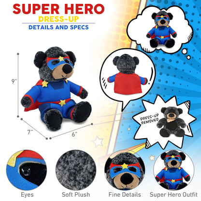 SUPER-SOFT PLUSH - SITTING BLACK BEAR WITH SUPER HERO DRESS UP