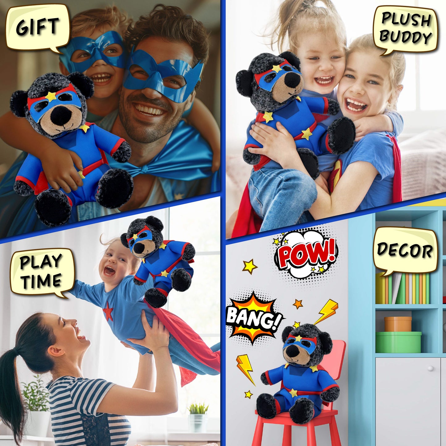 SUPER-SOFT PLUSH - SITTING BLACK BEAR WITH SUPER HERO DRESS UP
