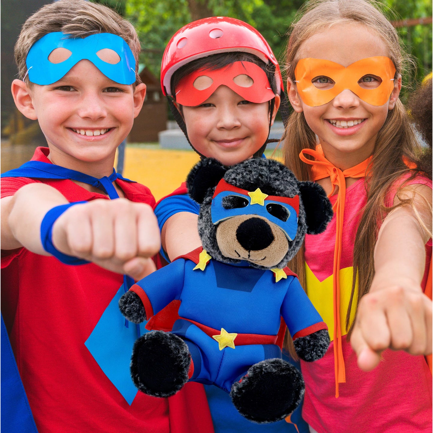 SUPER-SOFT PLUSH - SITTING BLACK BEAR WITH SUPER HERO DRESS UP