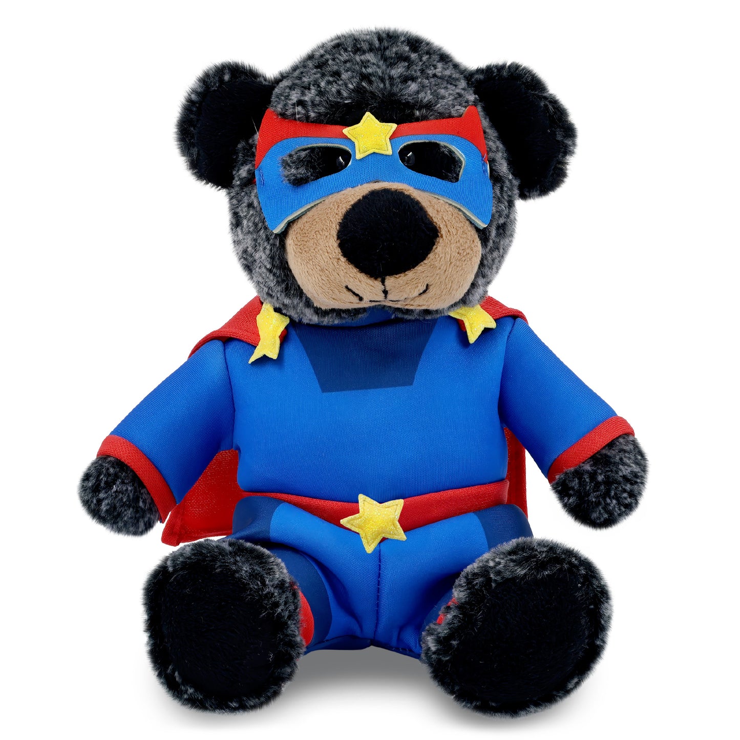 SUPER-SOFT PLUSH - SITTING BLACK BEAR WITH SUPER HERO DRESS UP