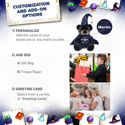 SUPER-SOFT PLUSH - SITTING BLACK BEAR WITH WIZARD DRESS UP