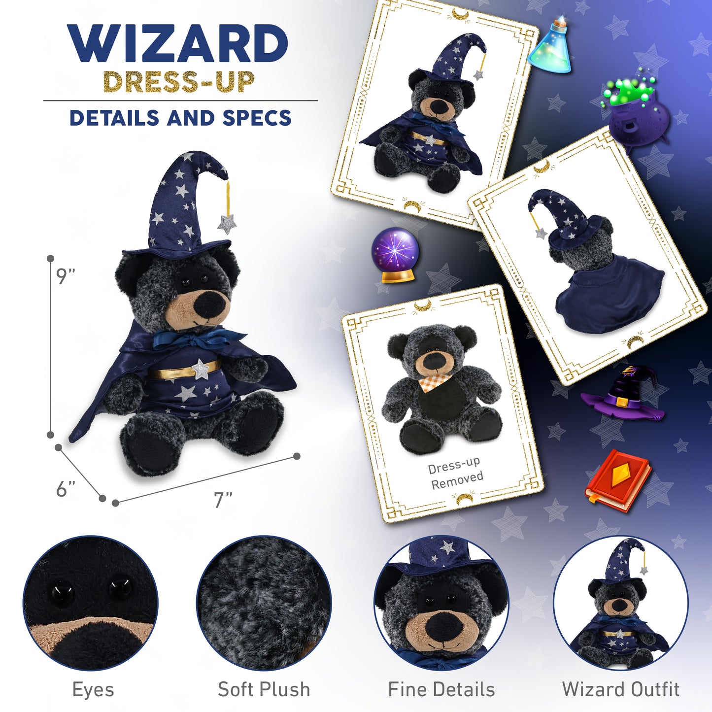 SUPER-SOFT PLUSH - SITTING BLACK BEAR WITH WIZARD DRESS UP