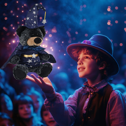 SUPER-SOFT PLUSH - SITTING BLACK BEAR WITH WIZARD DRESS UP