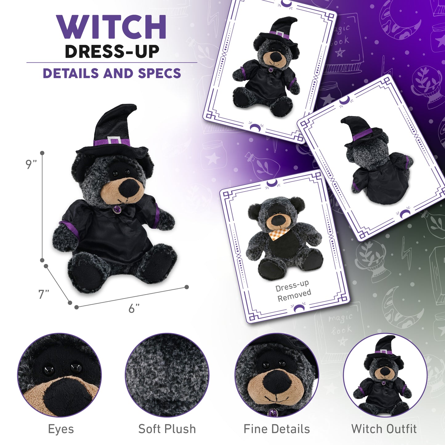 SUPER-SOFT PLUSH - SITTING BLACK BEAR WITH WITCH DRESS UP