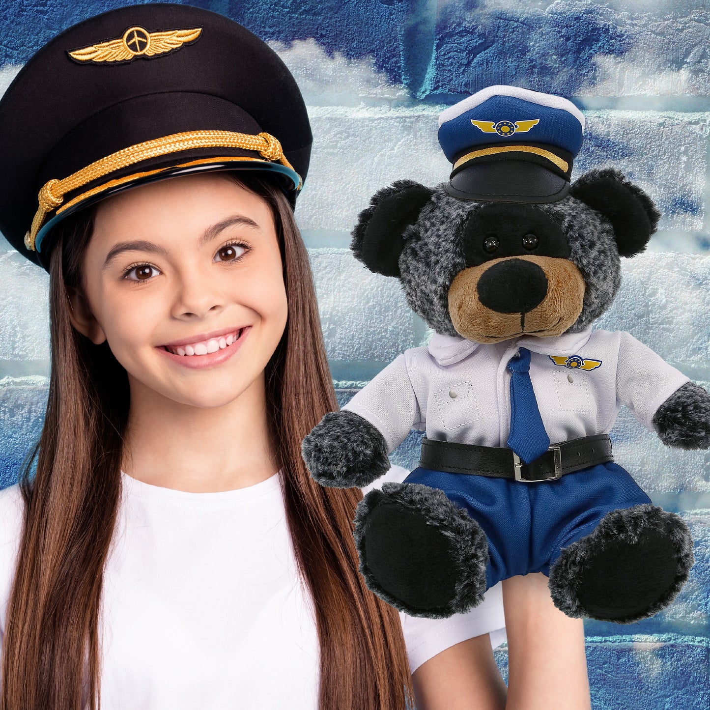 SUPER-SOFT PLUSH - SITTING BLACK BEAR WITH PILOT DRESS UP