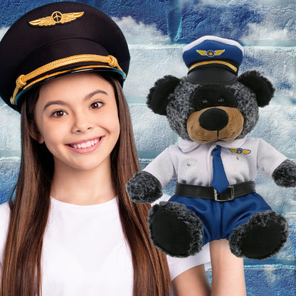 SUPER-SOFT PLUSH - SITTING BLACK BEAR WITH PILOT DRESS UP