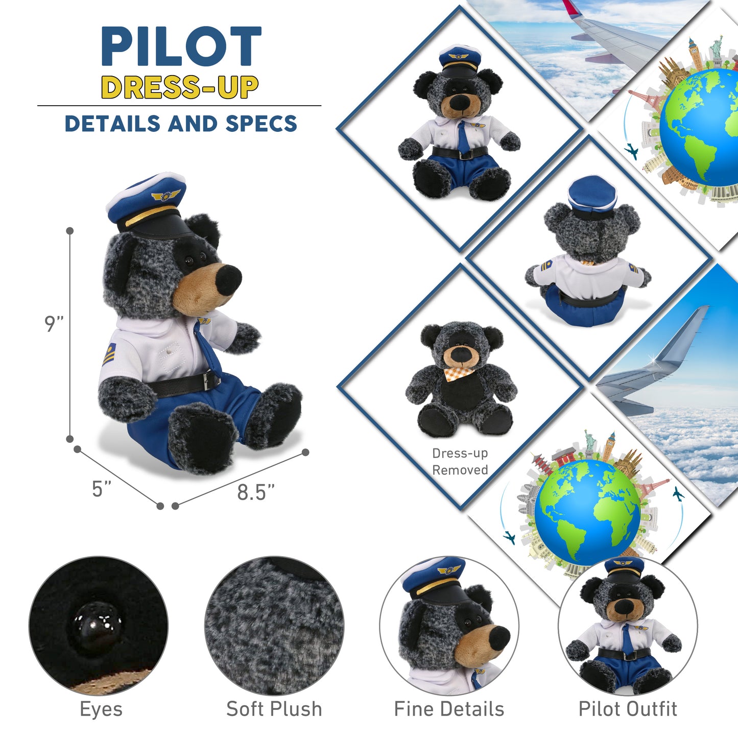 SUPER-SOFT PLUSH - SITTING BLACK BEAR WITH PILOT DRESS UP