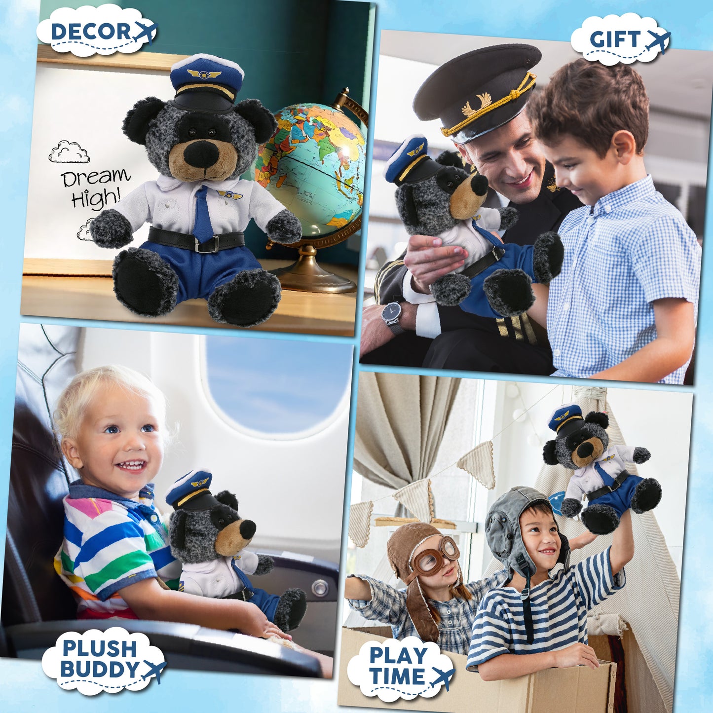 SUPER-SOFT PLUSH - SITTING BLACK BEAR WITH PILOT DRESS UP