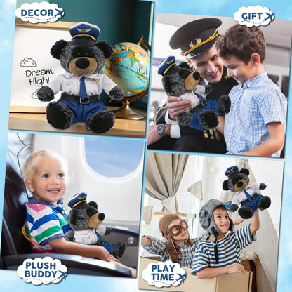 SUPER-SOFT PLUSH - SITTING BLACK BEAR WITH PILOT DRESS UP