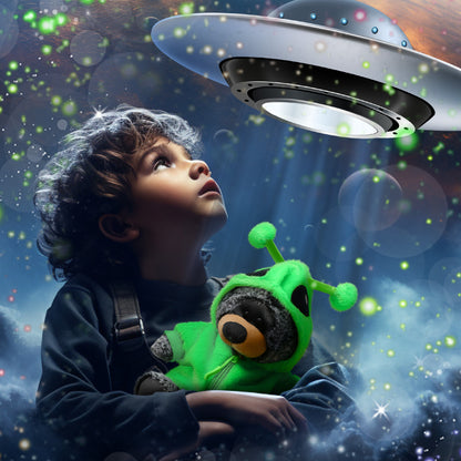 SUPER-SOFT PLUSH - SITTING BLACK BEAR WITH ALIEN SWEATER