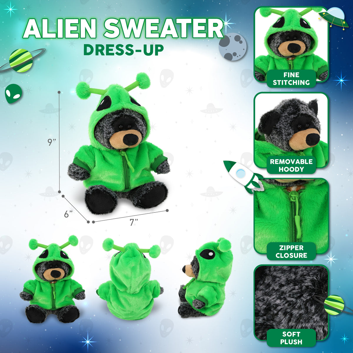 SUPER-SOFT PLUSH - SITTING BLACK BEAR WITH ALIEN SWEATER