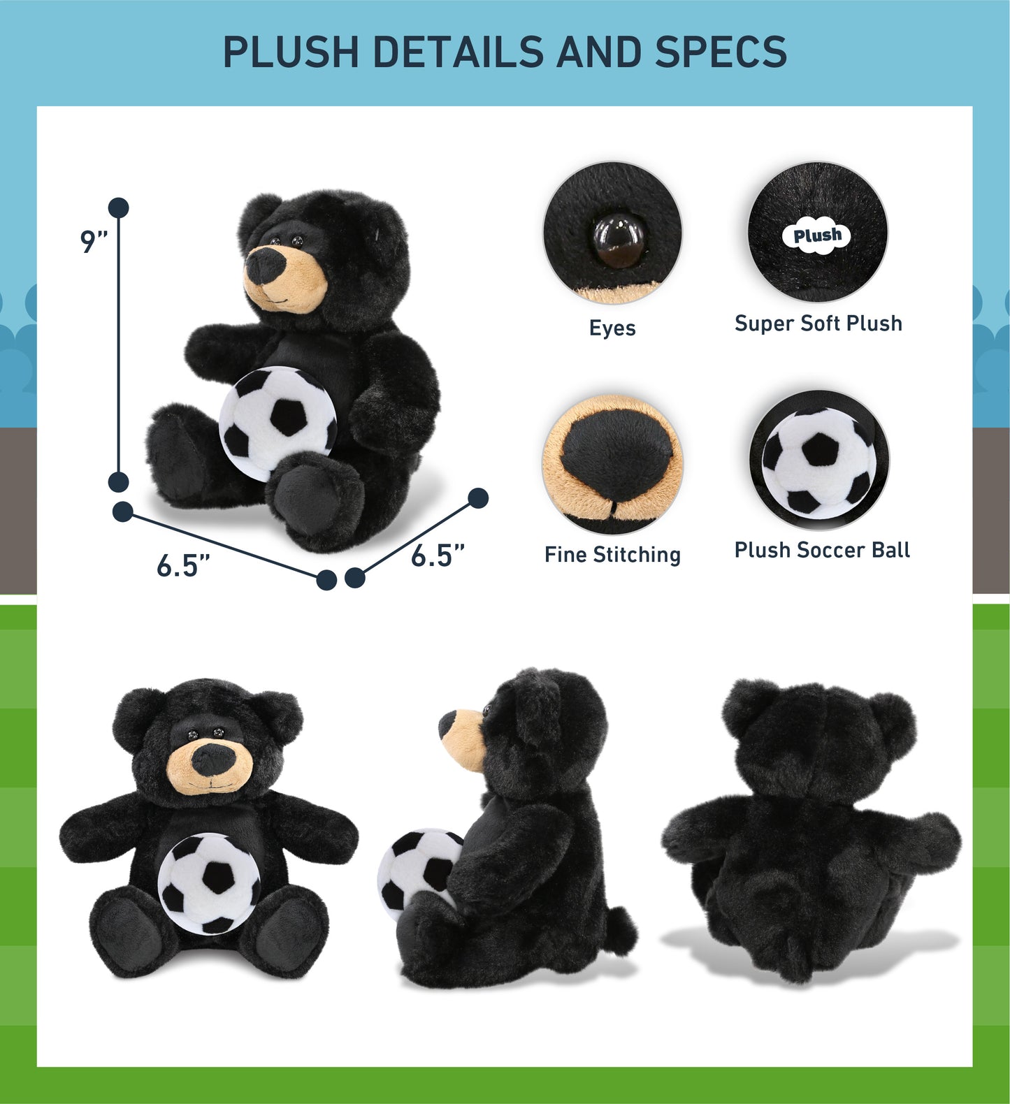 SUPER-SOFT PLUSH - BLACK BEAR 9" WITH SOCCER PLUSH
