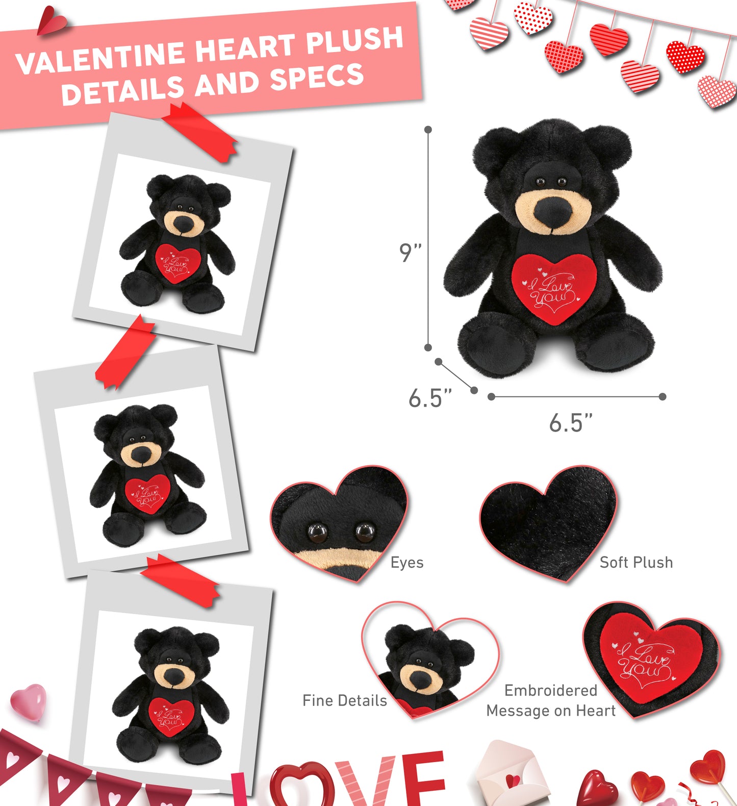 PLUSH I LOVE YOU RED HEART - SUPER-SOFT PLUSH - BLACK BEAR 9"