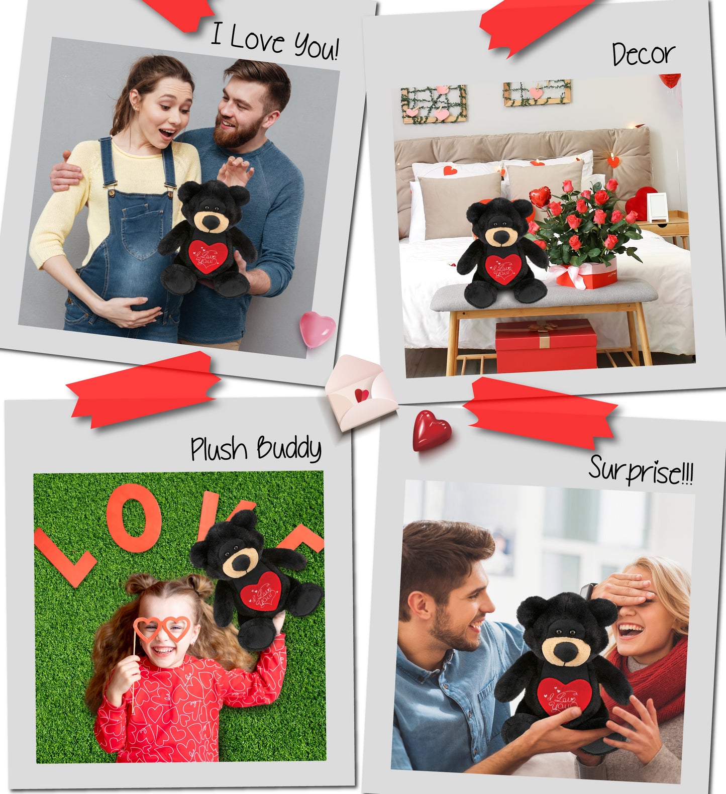 PLUSH I LOVE YOU RED HEART - SUPER-SOFT PLUSH - BLACK BEAR 9"