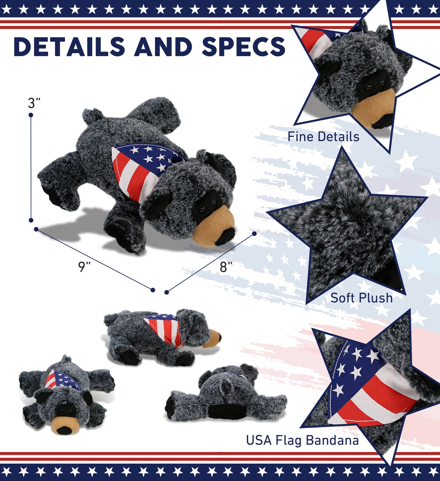 SUPER-SOFT PLUSH - LYING BLACK BEAR WITH USA FLAG BANDANA
