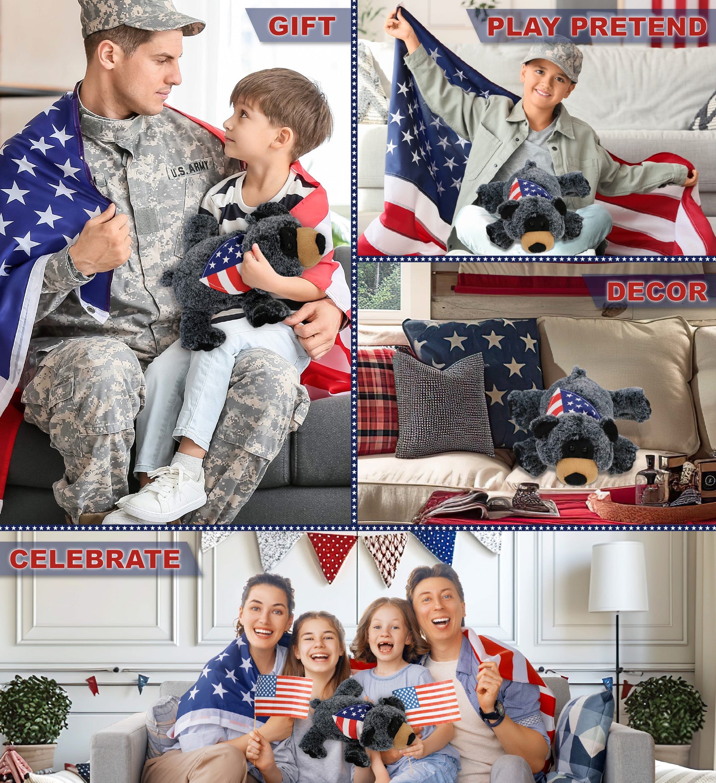 SUPER-SOFT PLUSH - LYING BLACK BEAR WITH USA FLAG BANDANA