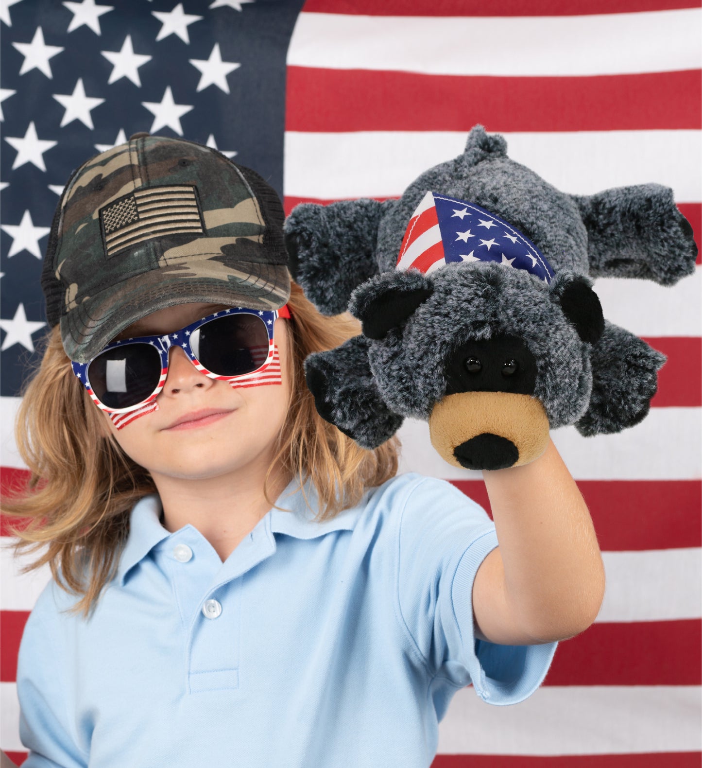 SUPER-SOFT PLUSH - LYING BLACK BEAR WITH USA FLAG BANDANA