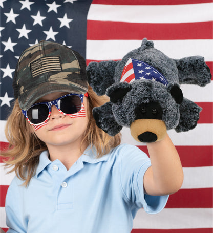 SUPER-SOFT PLUSH - LYING BLACK BEAR WITH USA FLAG BANDANA