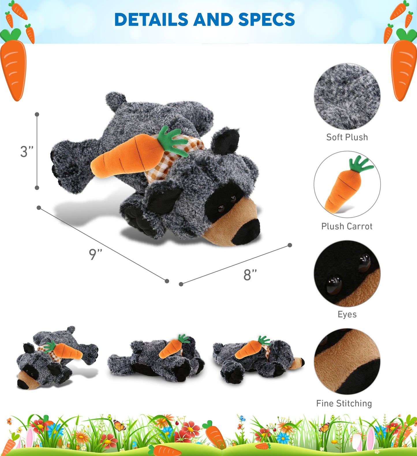 DolliBu Happy Easter Super Soft Plush Lying Black Bear with Carrot - 9 Inches