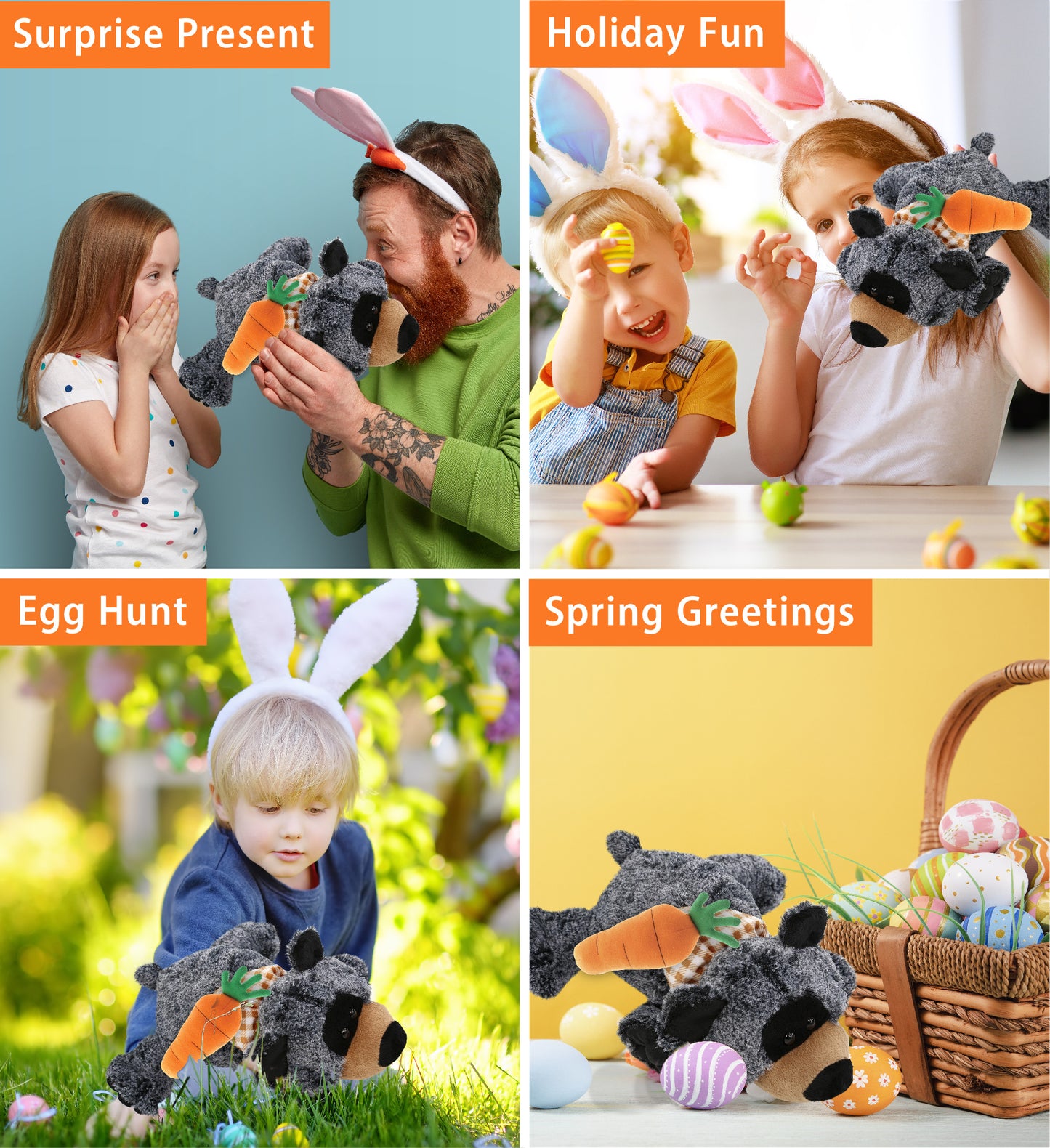 DolliBu Happy Easter Super Soft Plush Lying Black Bear with Carrot - 9 Inches