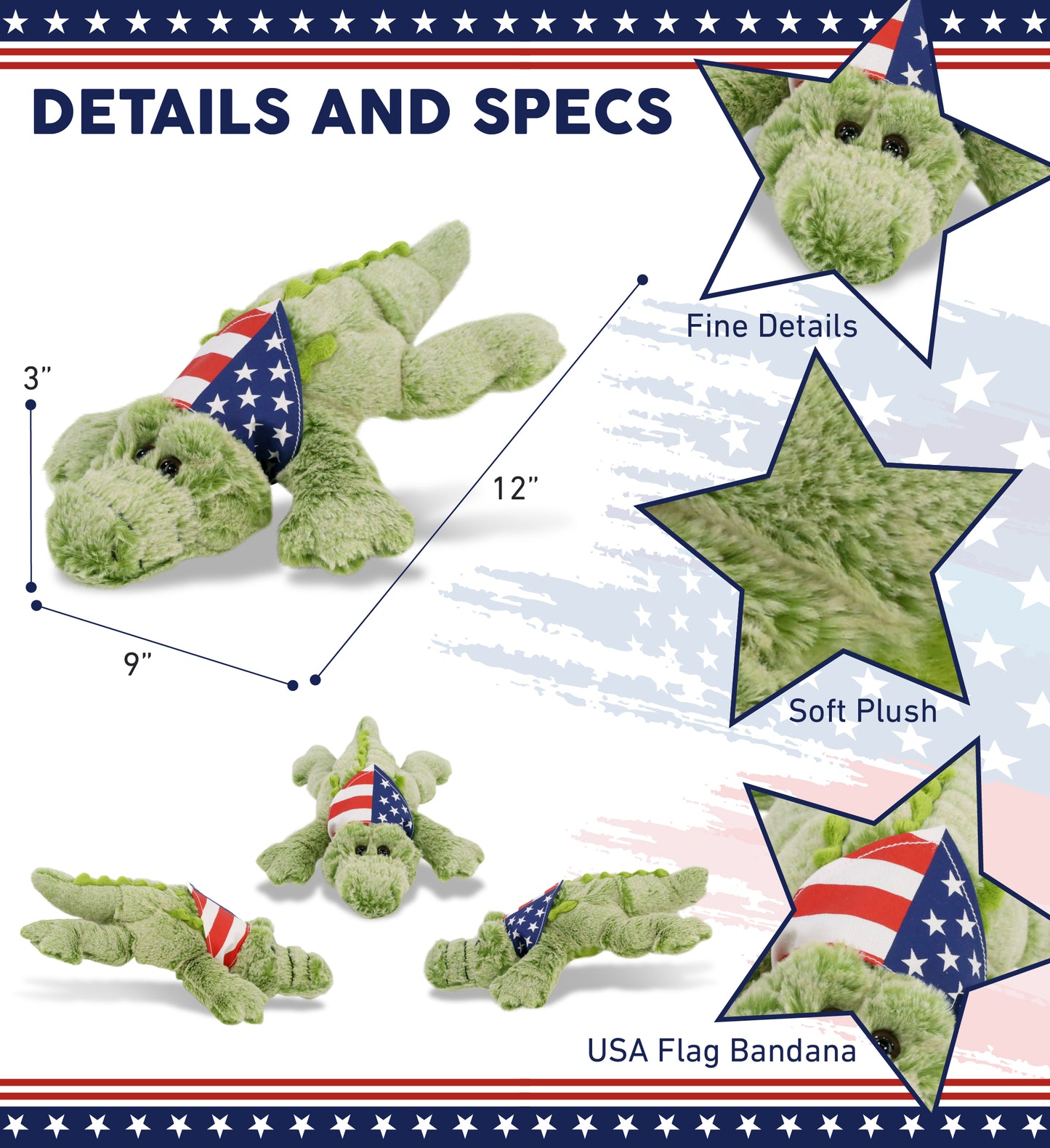 SUPER-SOFT PLUSH - ALLIGATOR SMALL WITH USA FLAG BANDANA