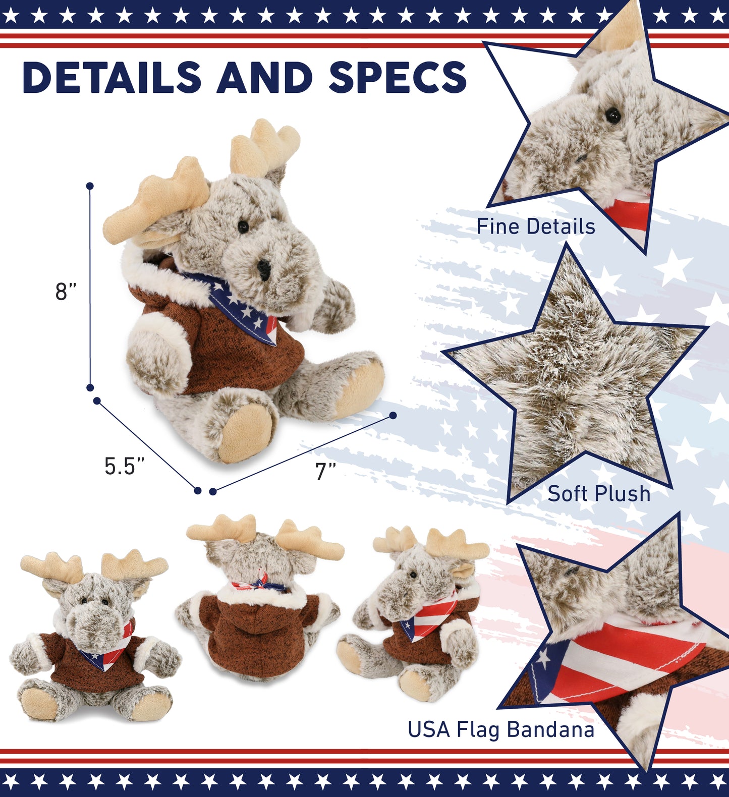 SUPER SOFT PLUSH - SITTING MOOSE WITH BROWN HOODED SWEATER WITH USA FLAG BANDANA