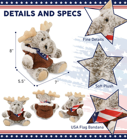 SUPER SOFT PLUSH - SITTING MOOSE WITH BROWN HOODED SWEATER WITH USA FLAG BANDANA