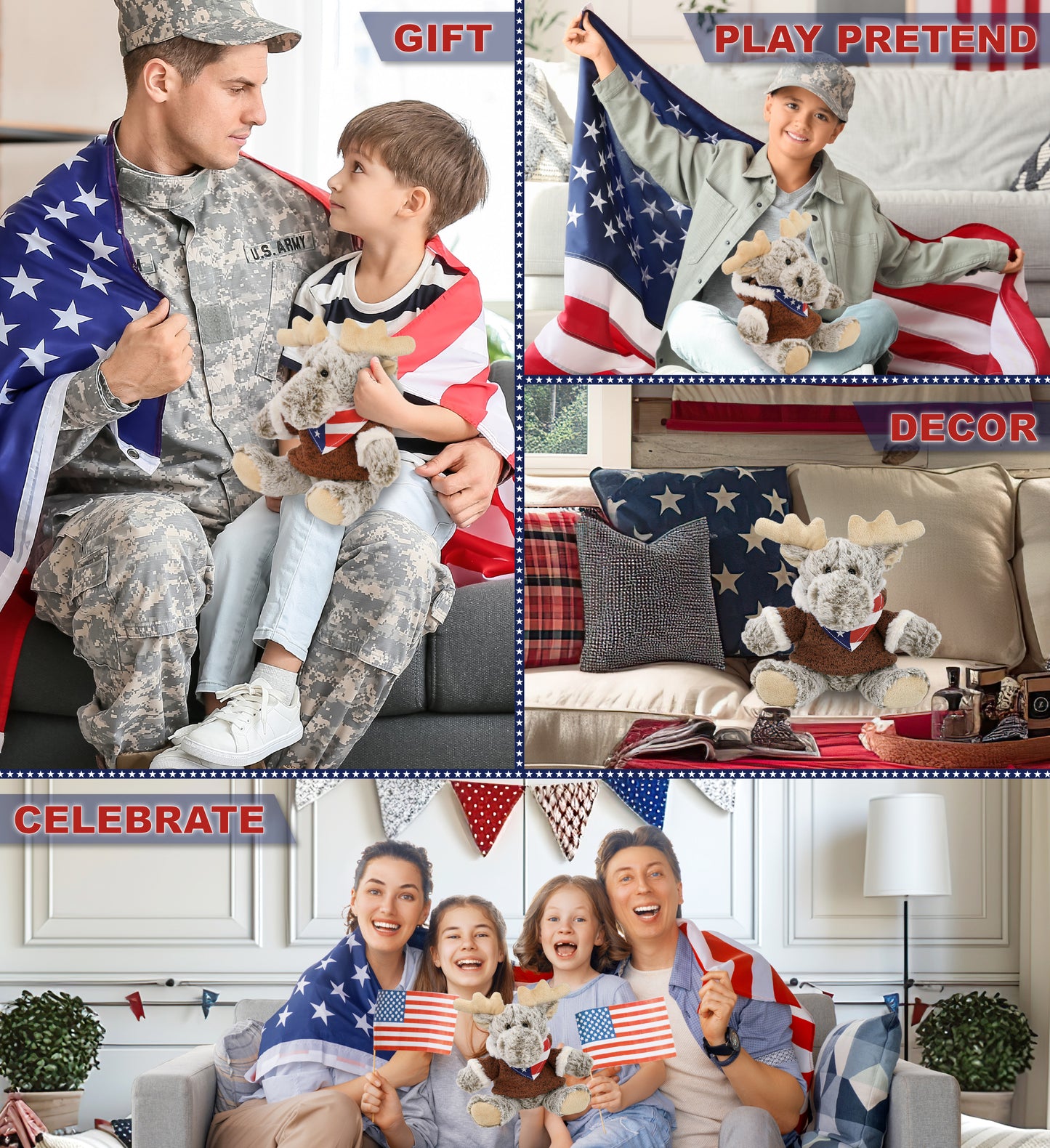 SUPER SOFT PLUSH - SITTING MOOSE WITH BROWN HOODED SWEATER WITH USA FLAG BANDANA