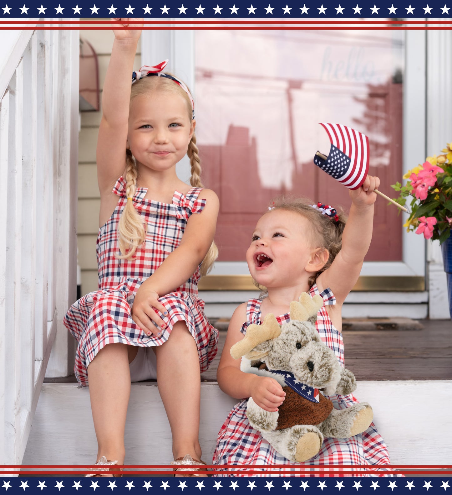 SUPER SOFT PLUSH - SITTING MOOSE WITH BROWN HOODED SWEATER WITH USA FLAG BANDANA