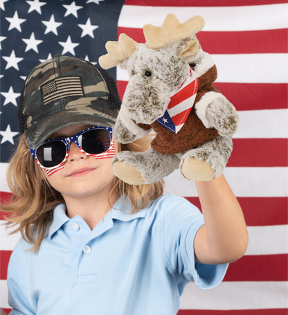 SUPER SOFT PLUSH - SITTING MOOSE WITH BROWN HOODED SWEATER WITH USA FLAG BANDANA