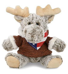 SUPER SOFT PLUSH - SITTING MOOSE WITH BROWN HOODED SWEATER WITH USA FLAG BANDANA