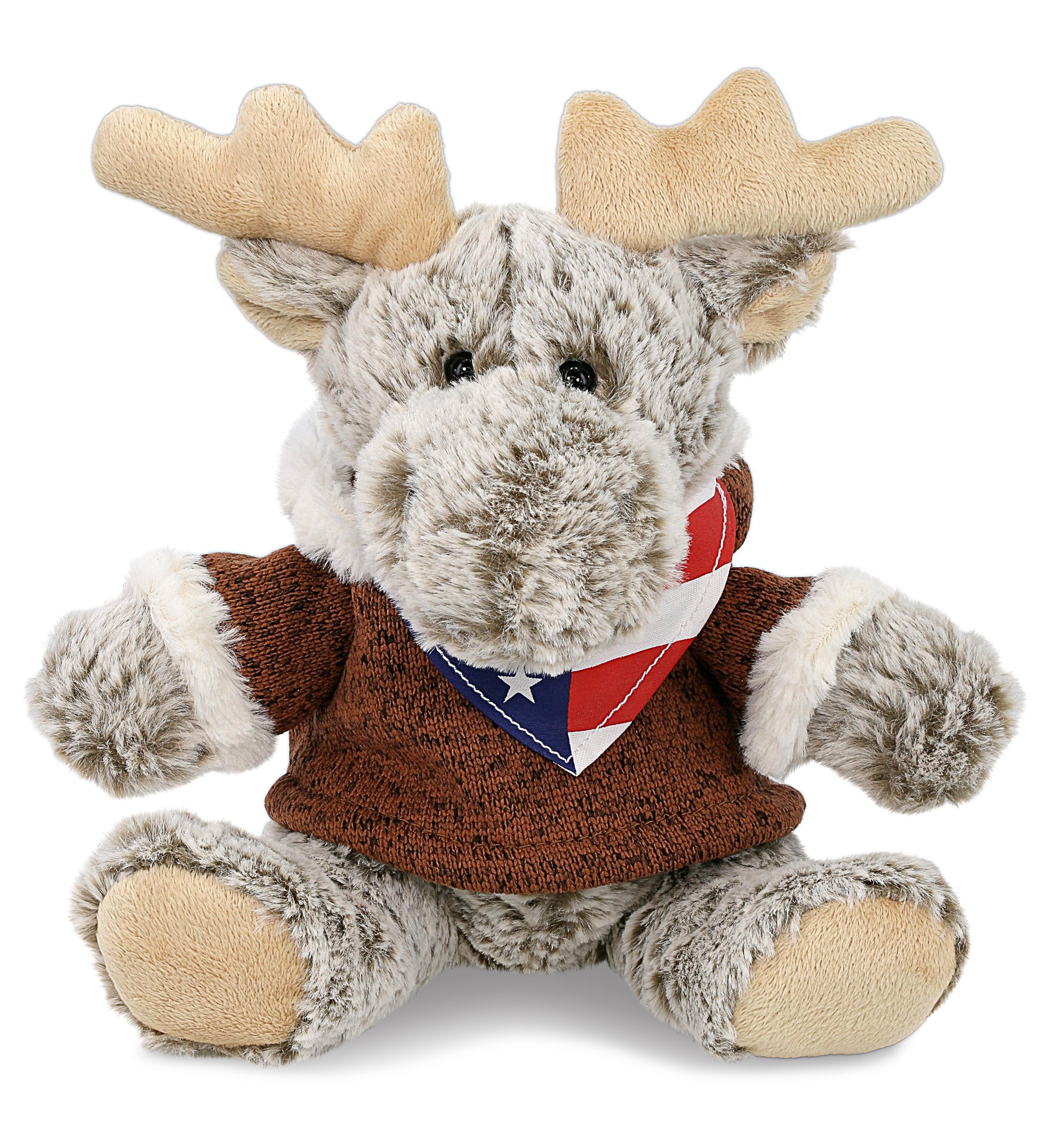 SUPER SOFT PLUSH - SITTING MOOSE WITH BROWN HOODED SWEATER WITH USA FLAG BANDANA